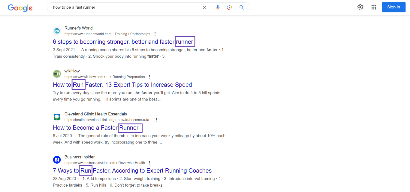 Sample of keyword stemming in search results