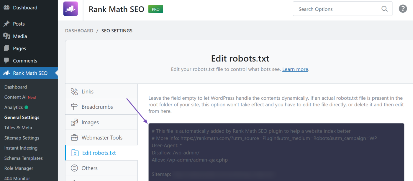 Sample of the robots.txt editor