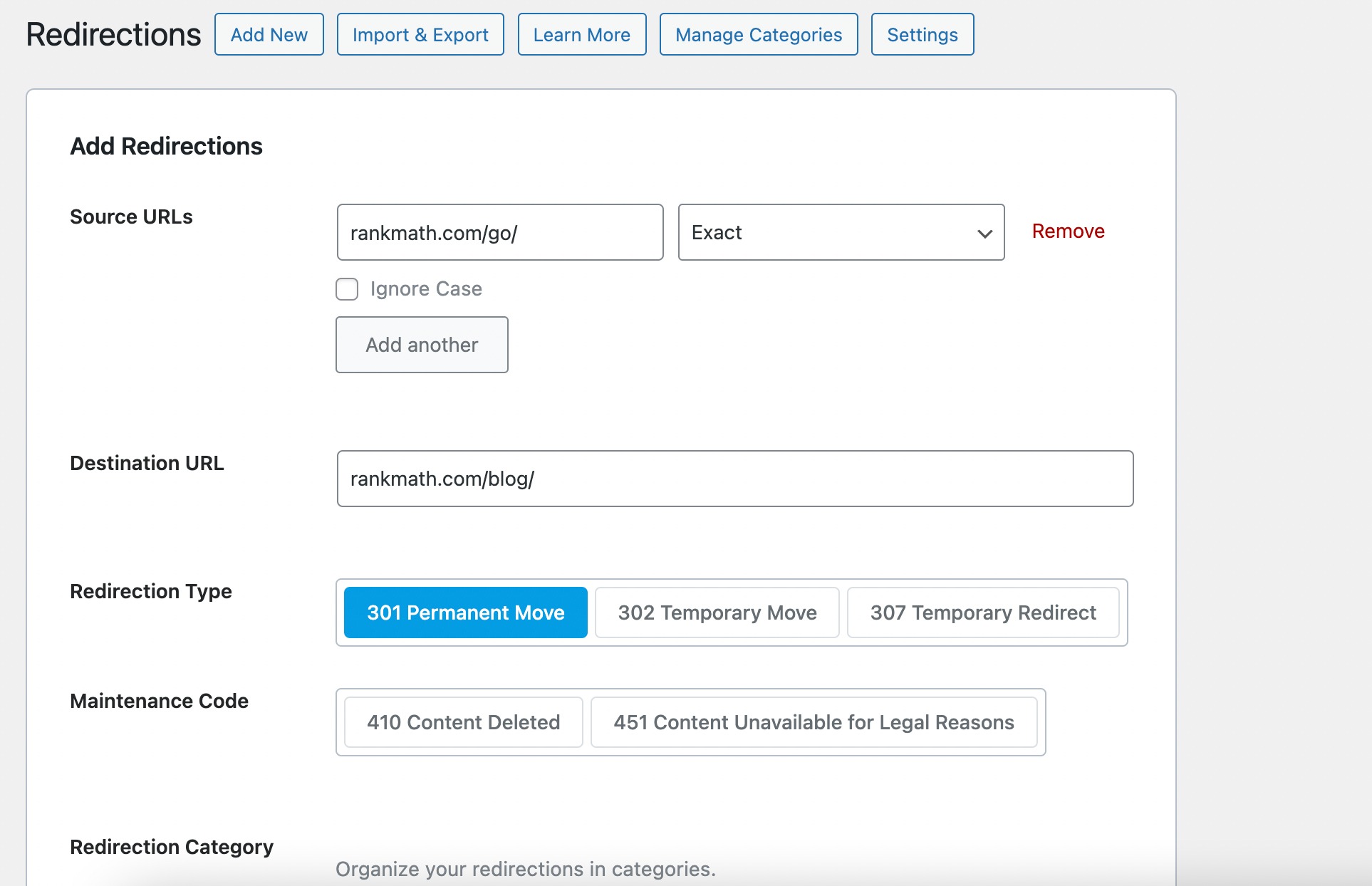 Redirections page