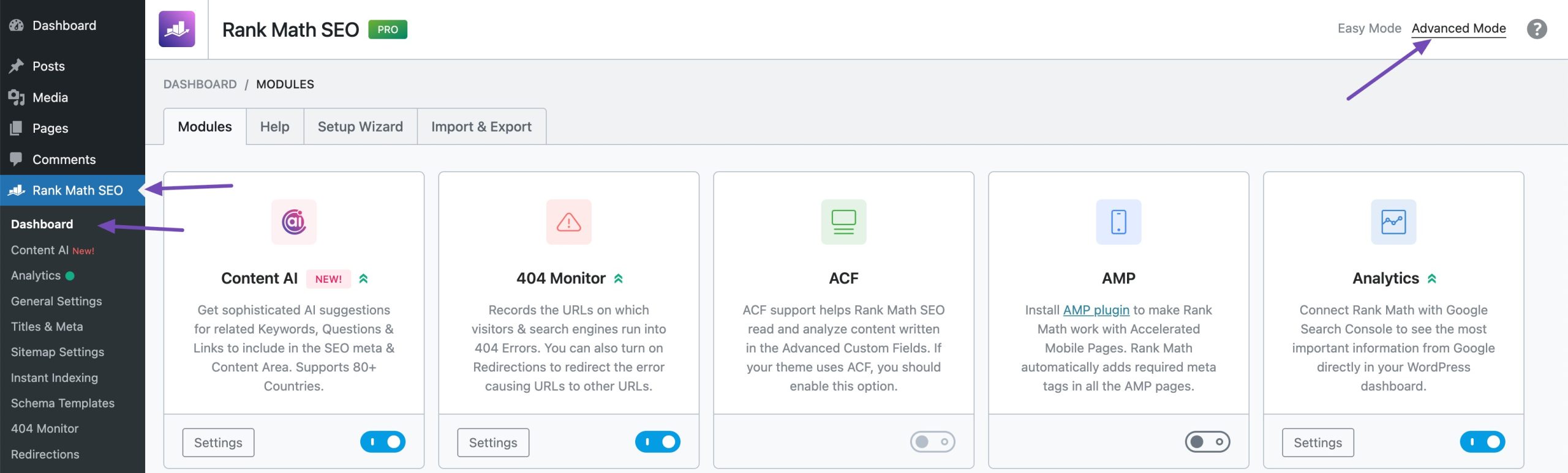 Switch to Advanced mode in Rank Math