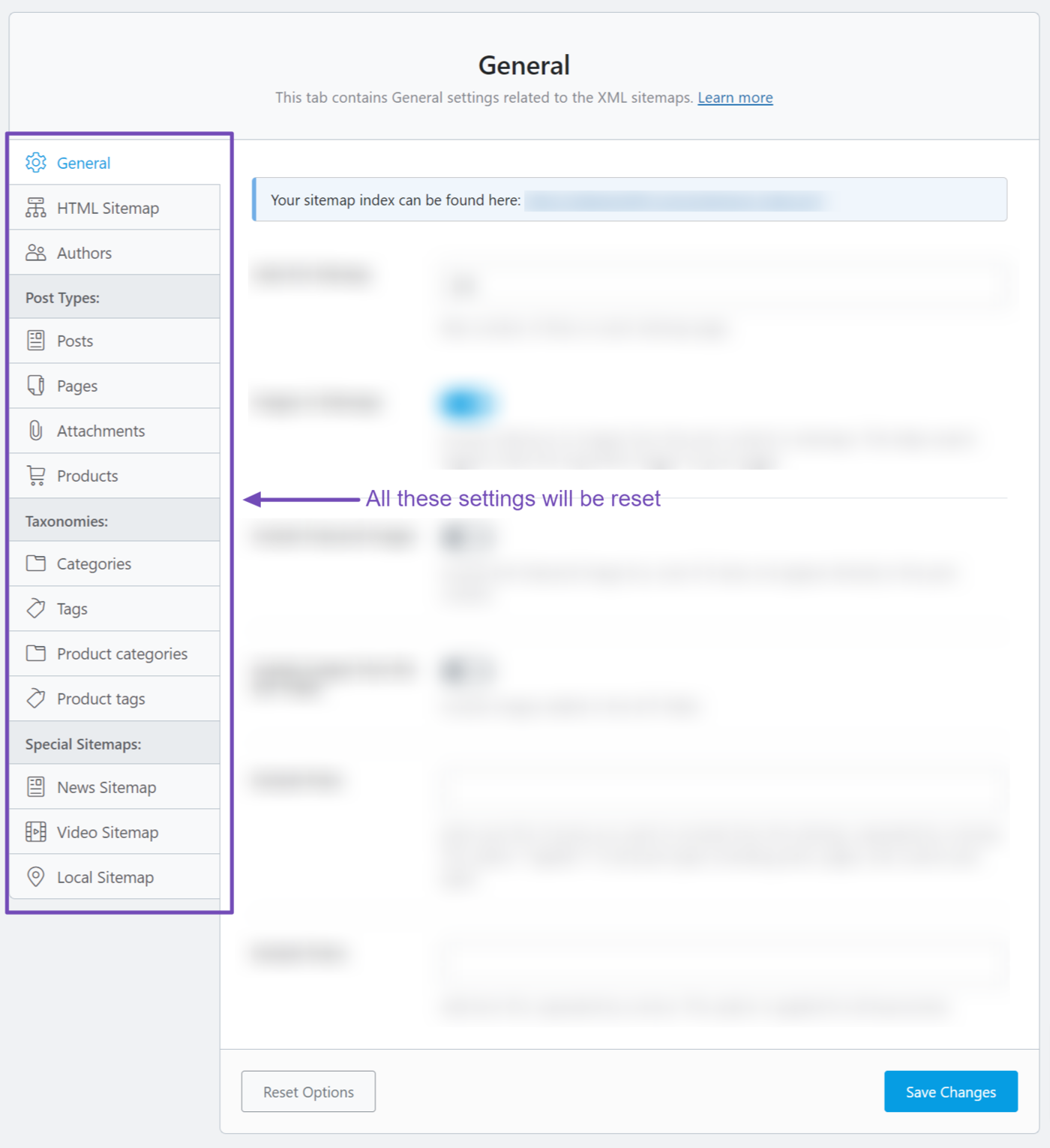 all the settings that will be reset