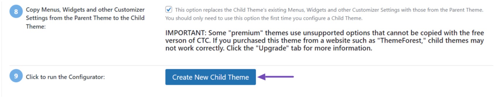 Click Create New Child Theme