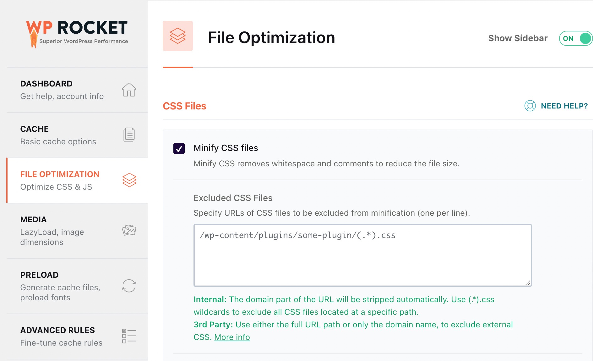 WP Rocket File Optimization settings