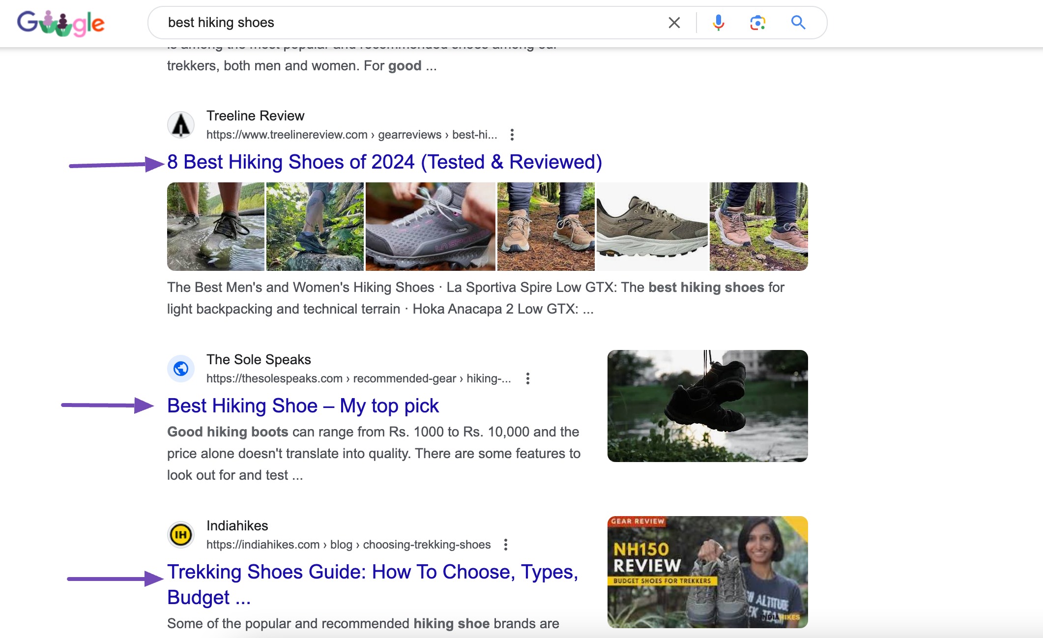 Organic search result example