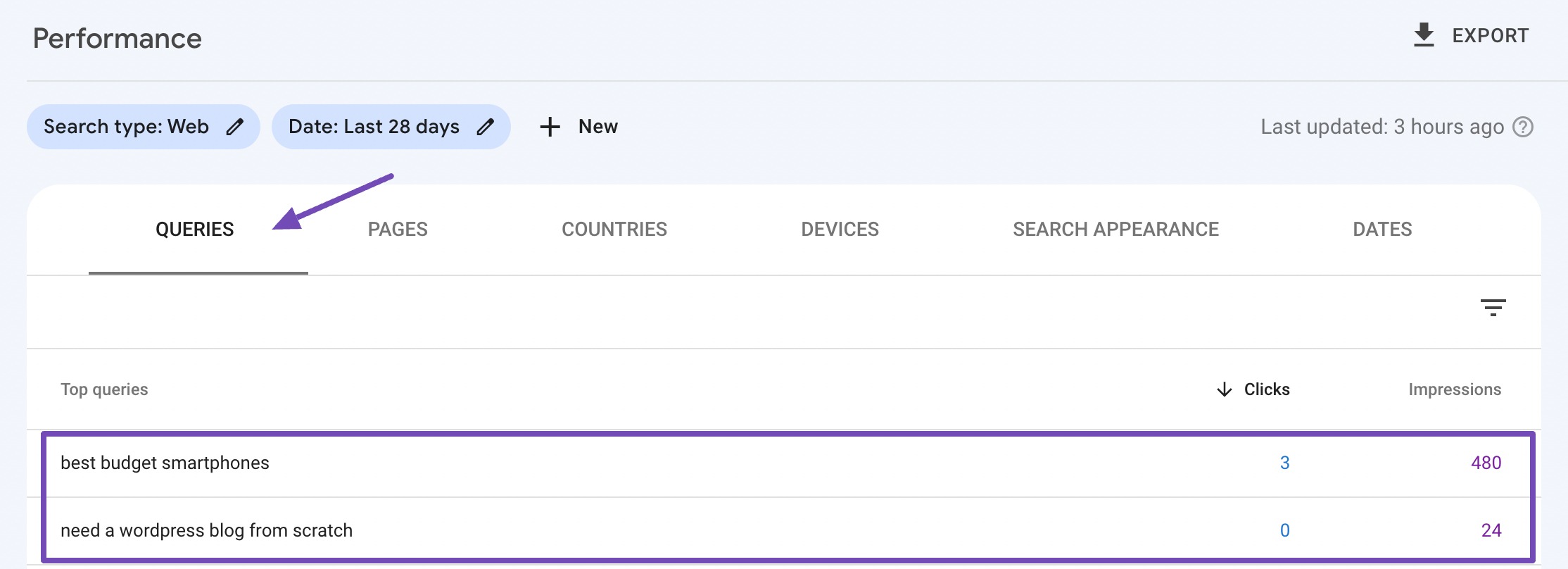Track keywords in Google Search Console