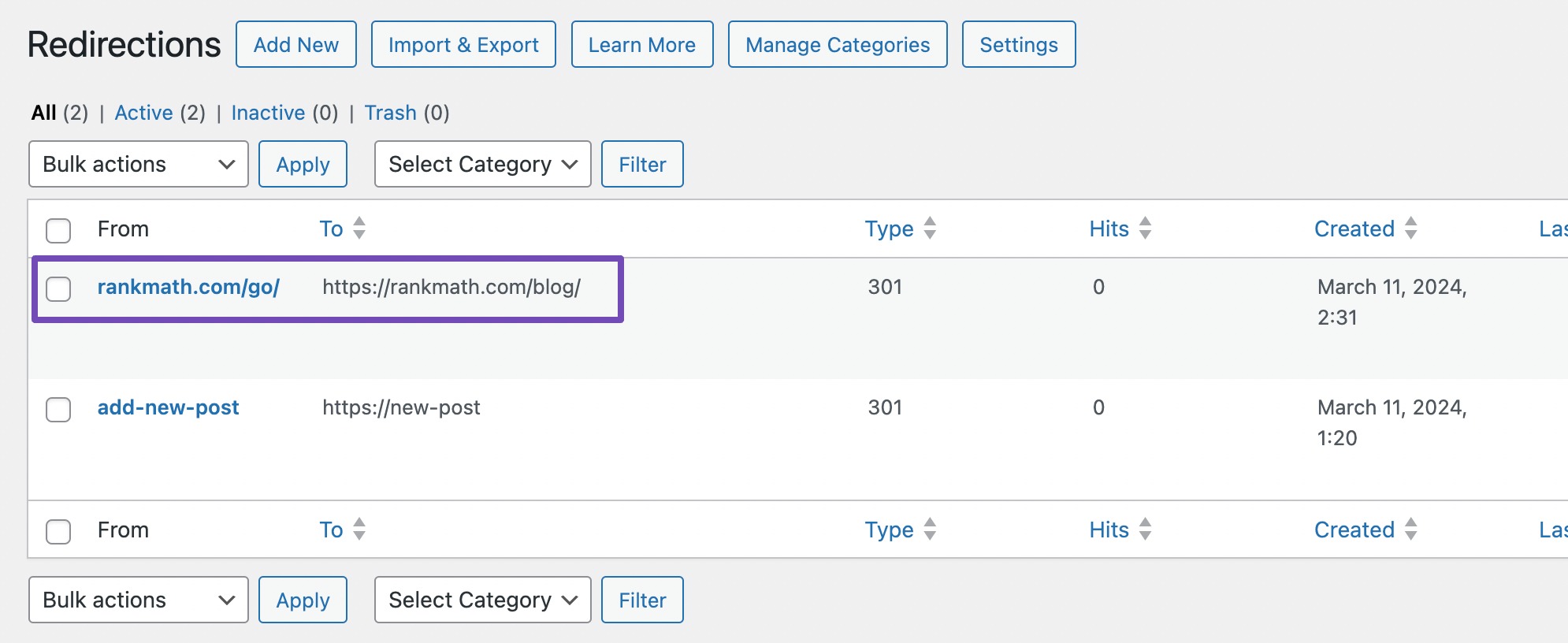 Redirections in Rank Math