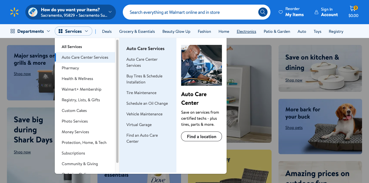 Ejemplo de menú desplegable de Walmart
