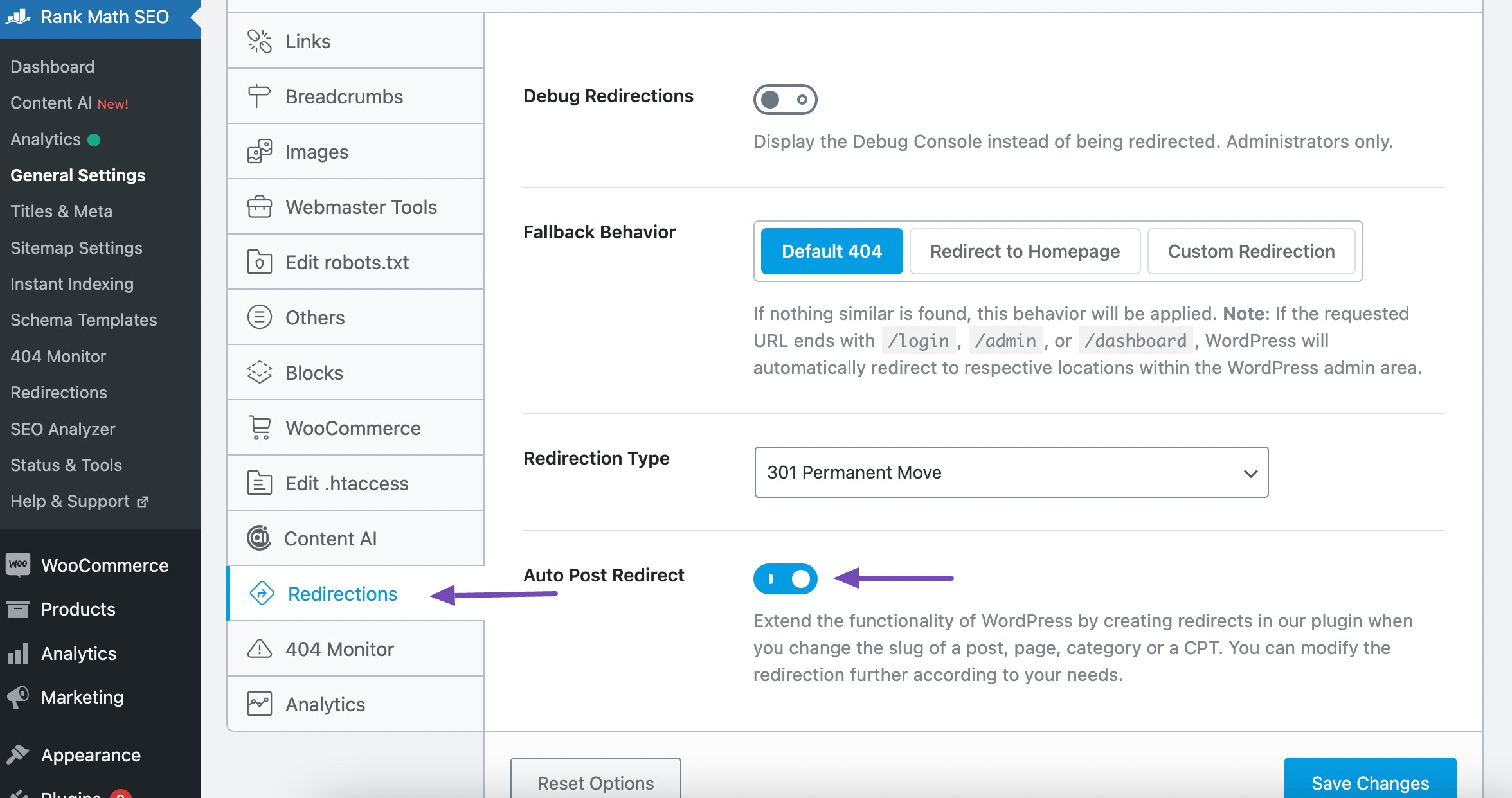 Opção de redirecionamento de postagem automática