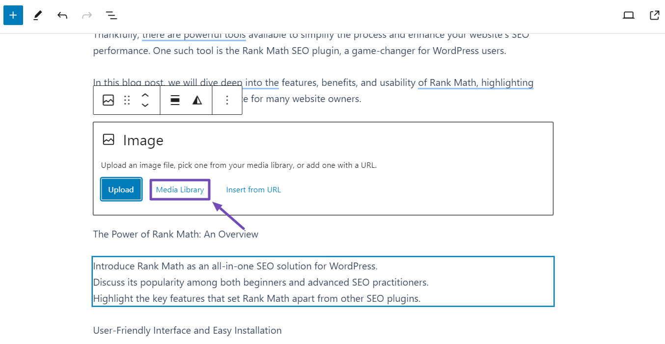 Selecting the Media Library option in block editor