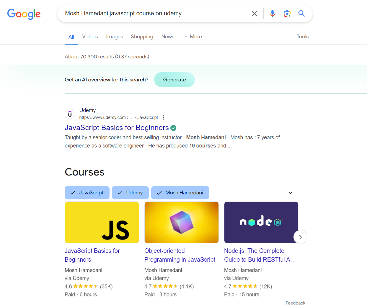 A course rich snippet on Google