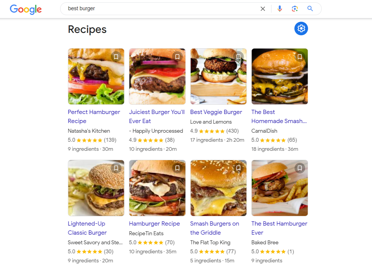 An example of a Recipe rich snippets on search results