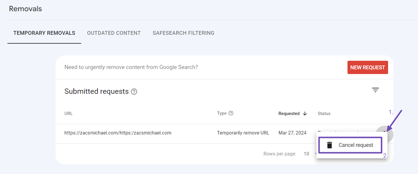 Canceling URL removal request in GSC 