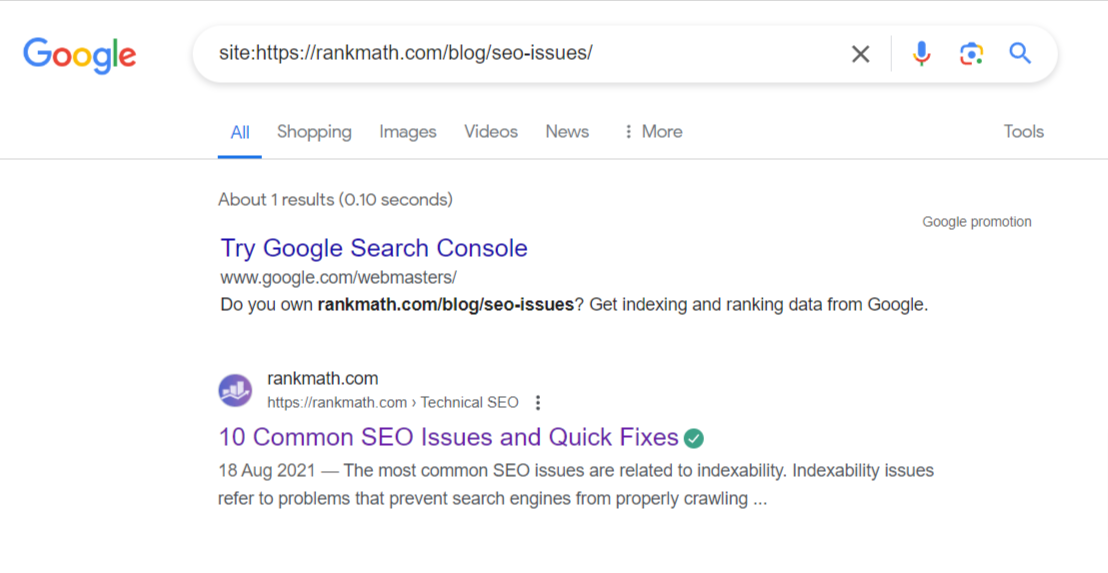 Checking if Google has indexed a site using the site search operator