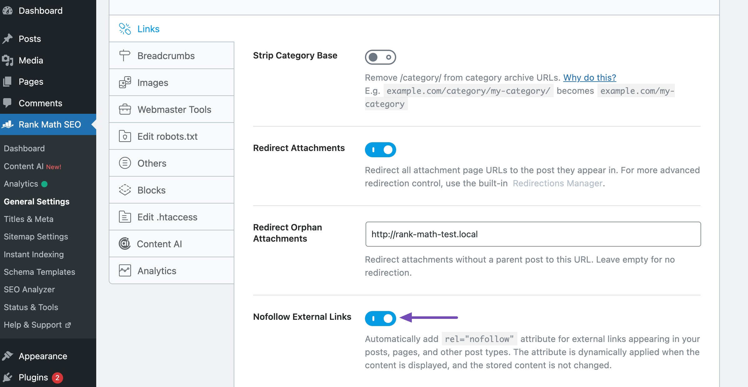 Nofollow External Links option in Rank Math