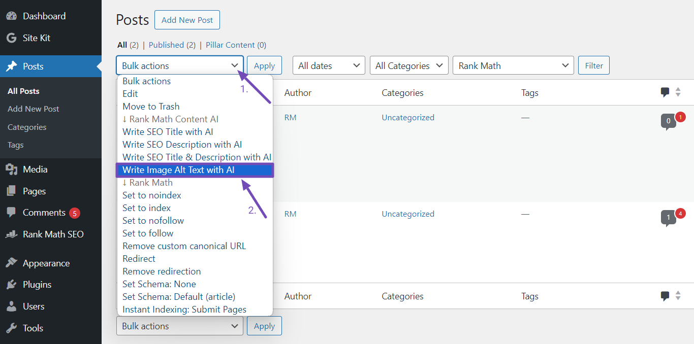 Selecting the 'Write Image Alt Text with AI' option from WordPress posts