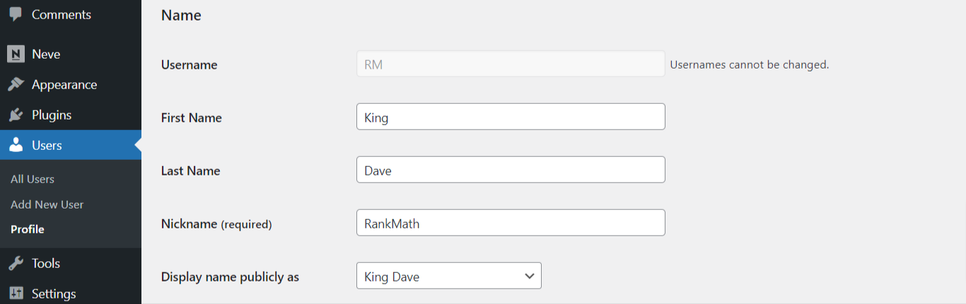 First and Last name option in WordPress profile page