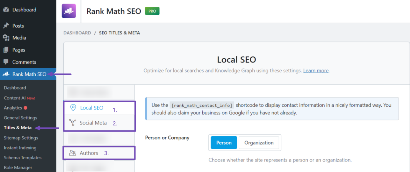 The Rank Math Local SEO, Social Meta and Authors features used for ProfilePage Schema