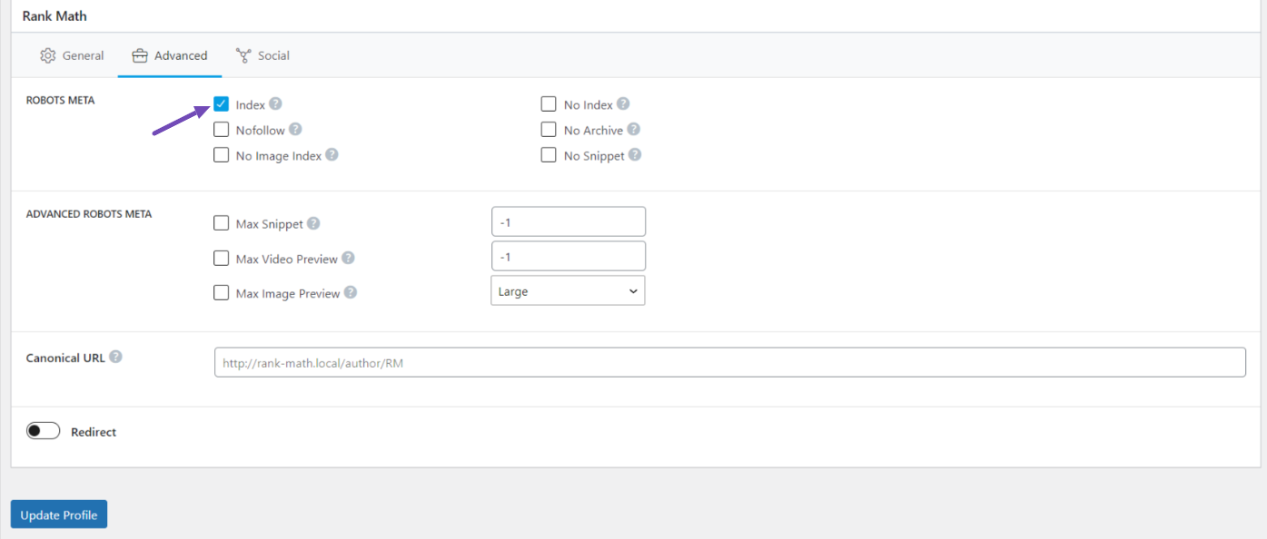 Switching your profile page to index using Rank Math SEO