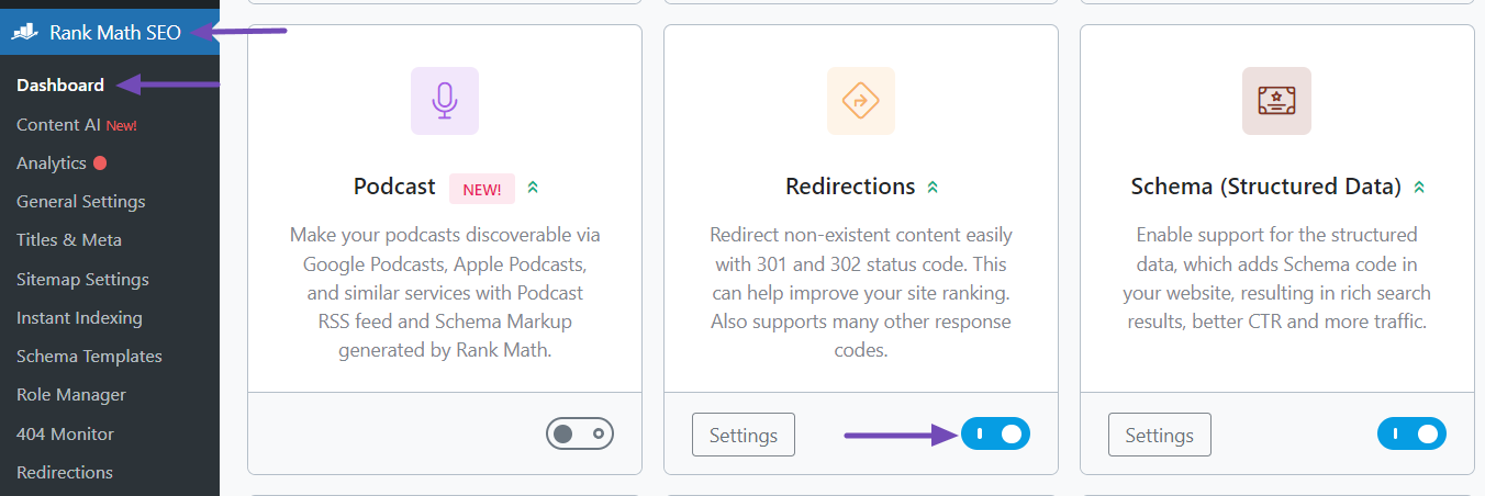 Enabling the Redirections module in Rank Math SEO plugin