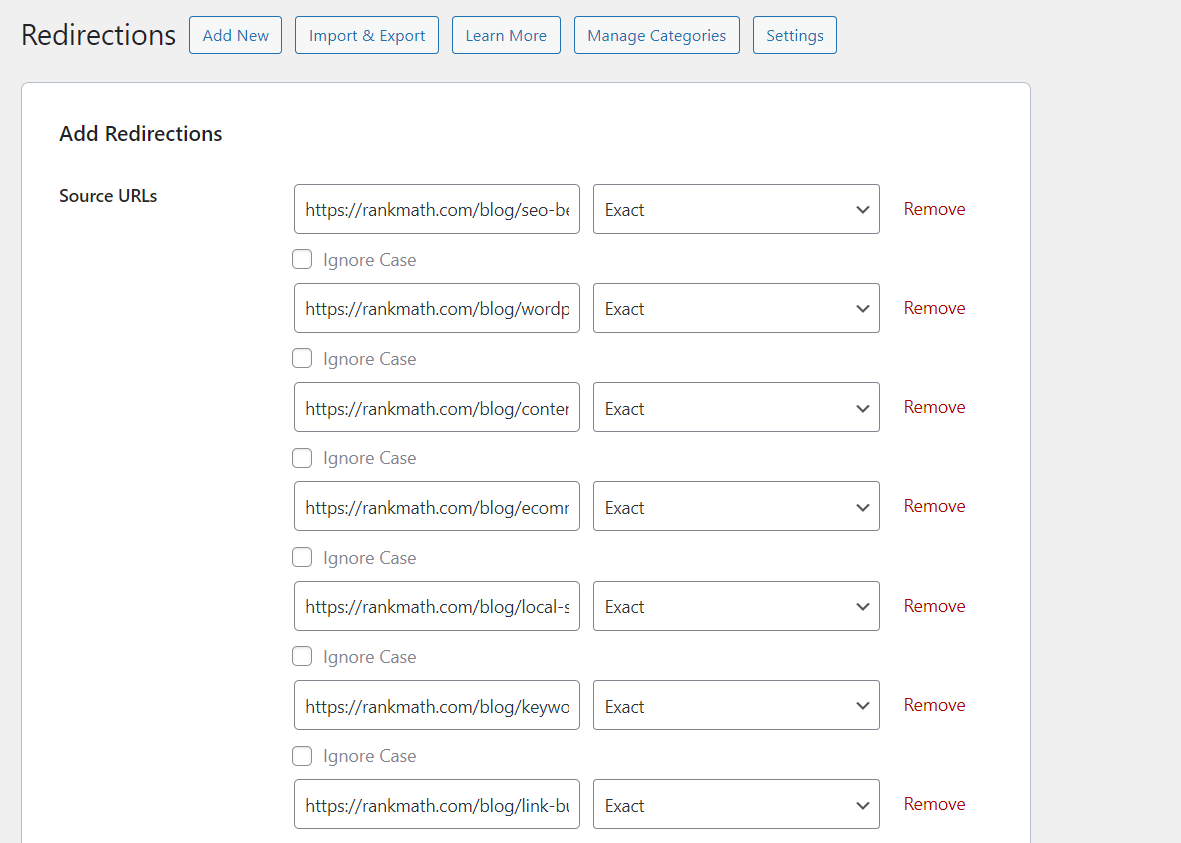 Pasting URLs to set to 410 status code in Rank Math