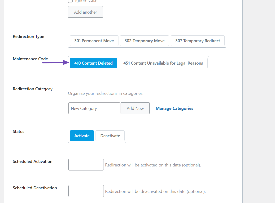 clicking on the 410 content deleted option in redirections feature of Rank Math