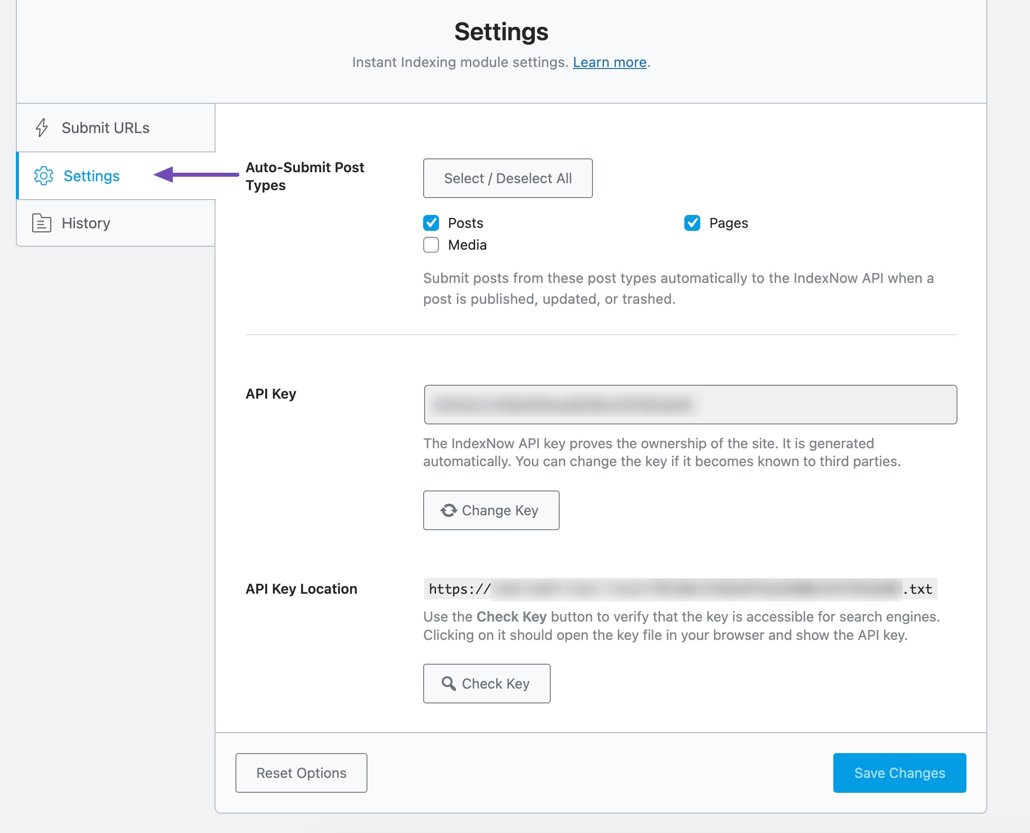 Instant Indexing settings in Rank Math