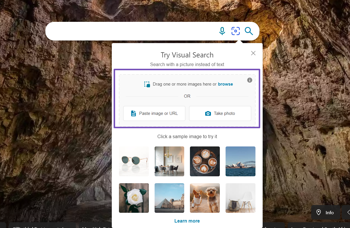 select the upload, take a photo or URL option to add an image on Bing during reverse image search- Desktop