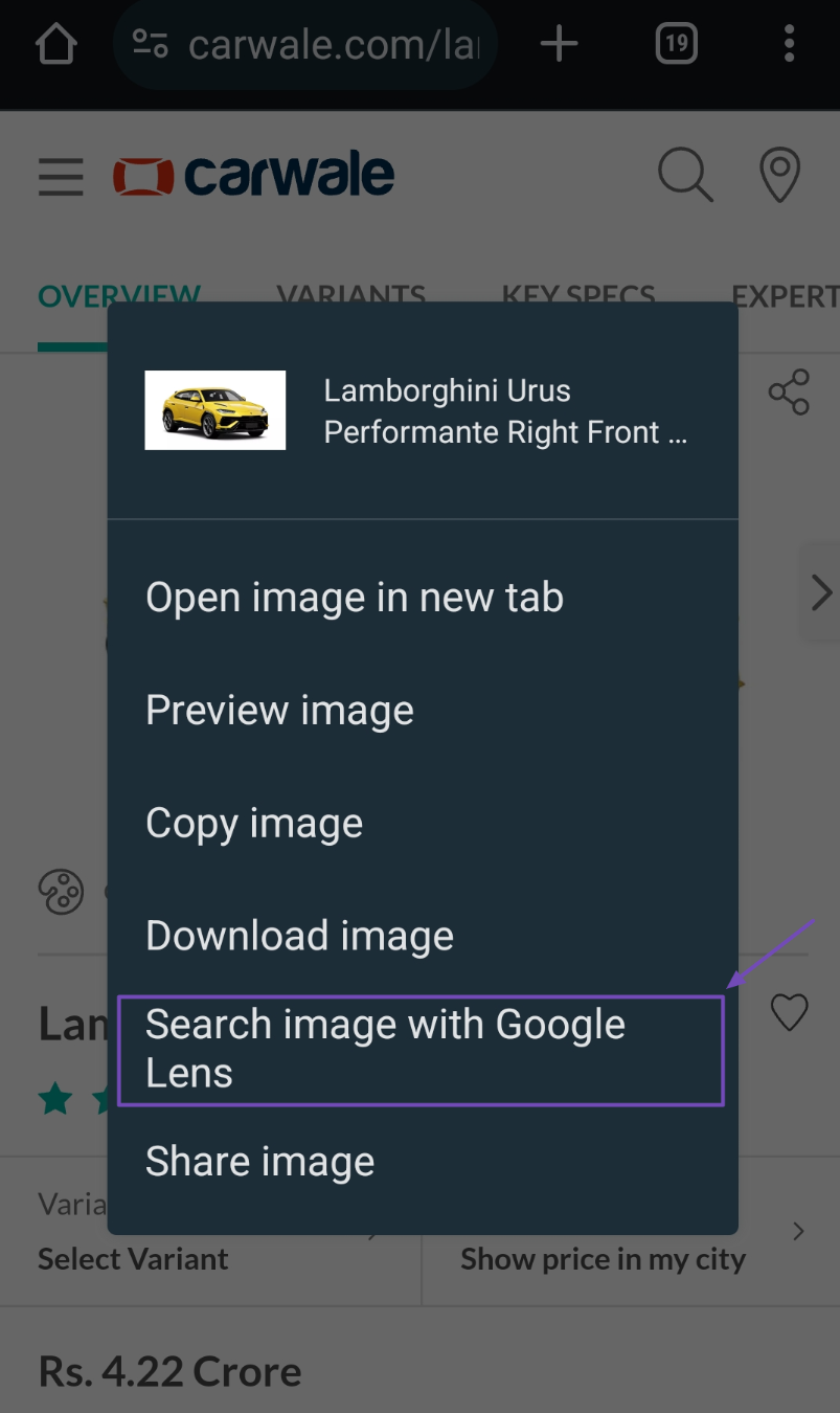 Selecting the Search image with Google Lens option while srearching an image on the internet Google during reverse image search on mobiles
