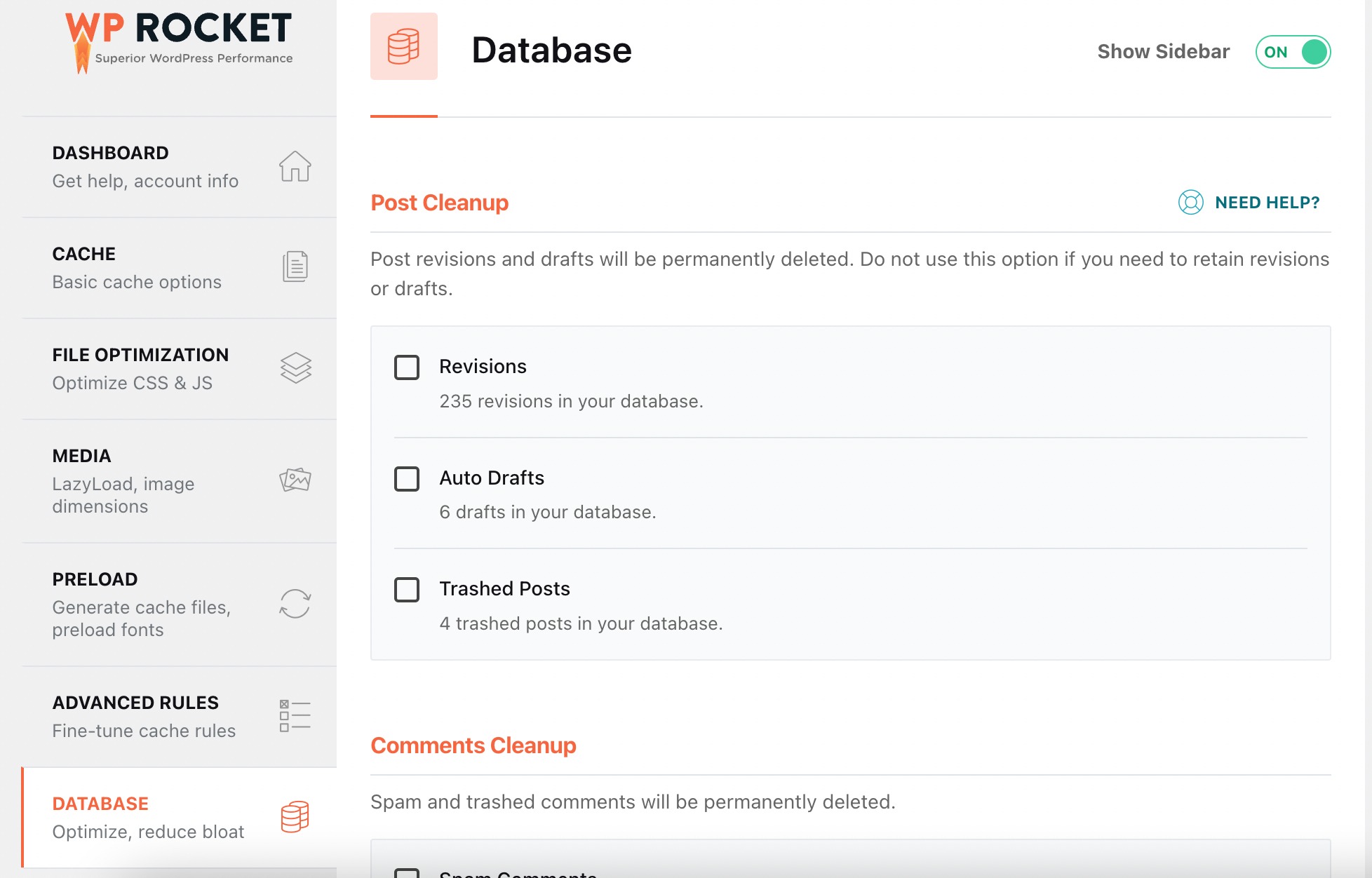 Database section in WP ROcket