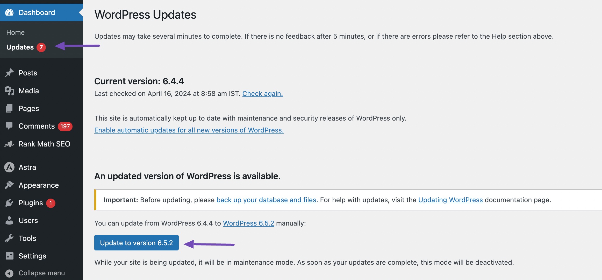 WordPress version update