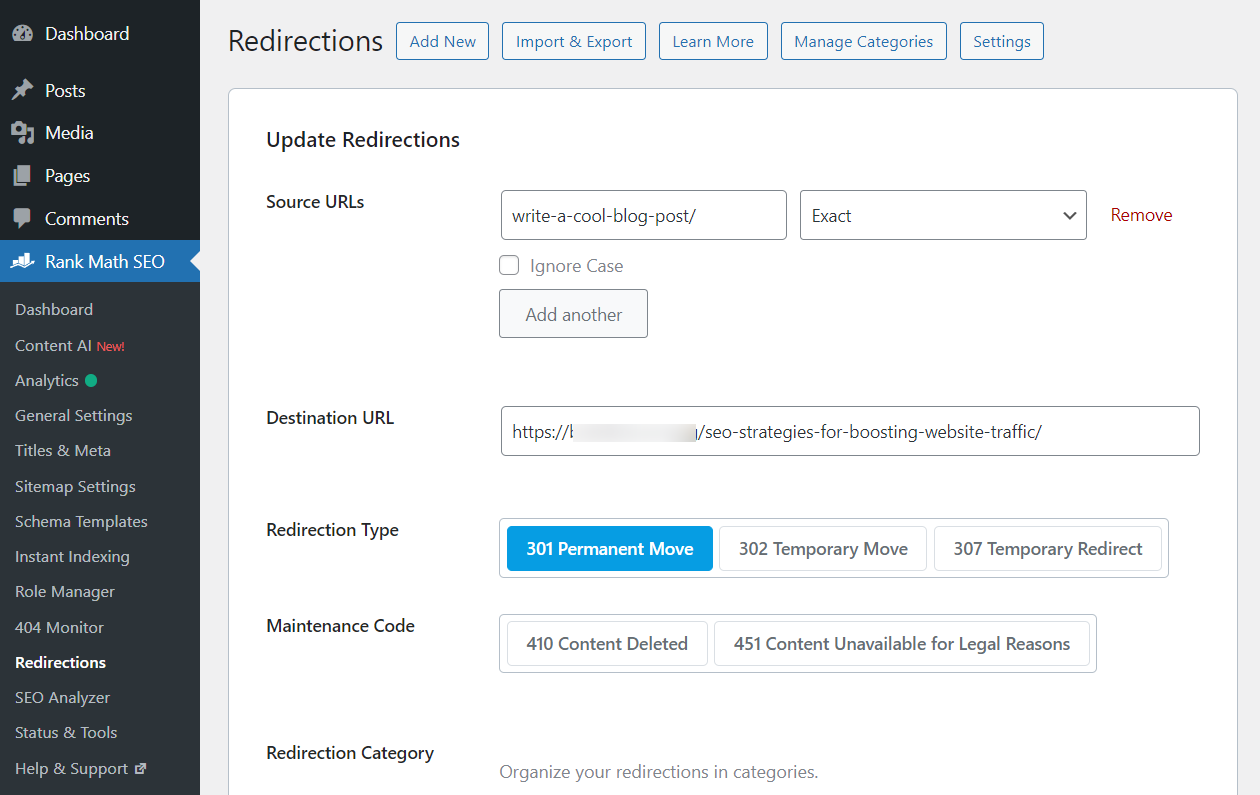 Add or Edit redirections in Rank Math