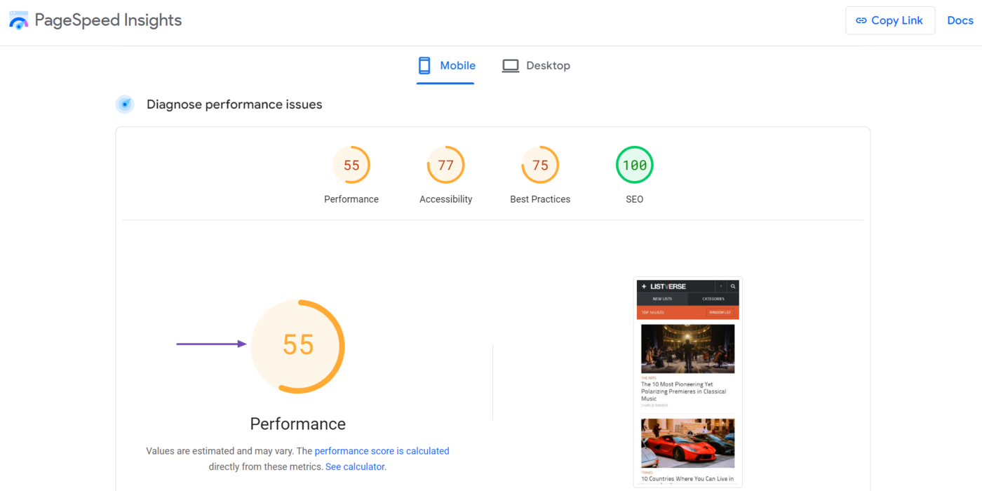 An example of a webpage's performance score 