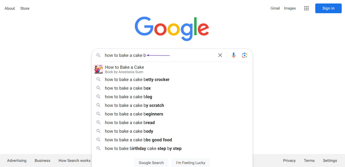 An example of some Google Autocomplete suggestions for a keyword with a B