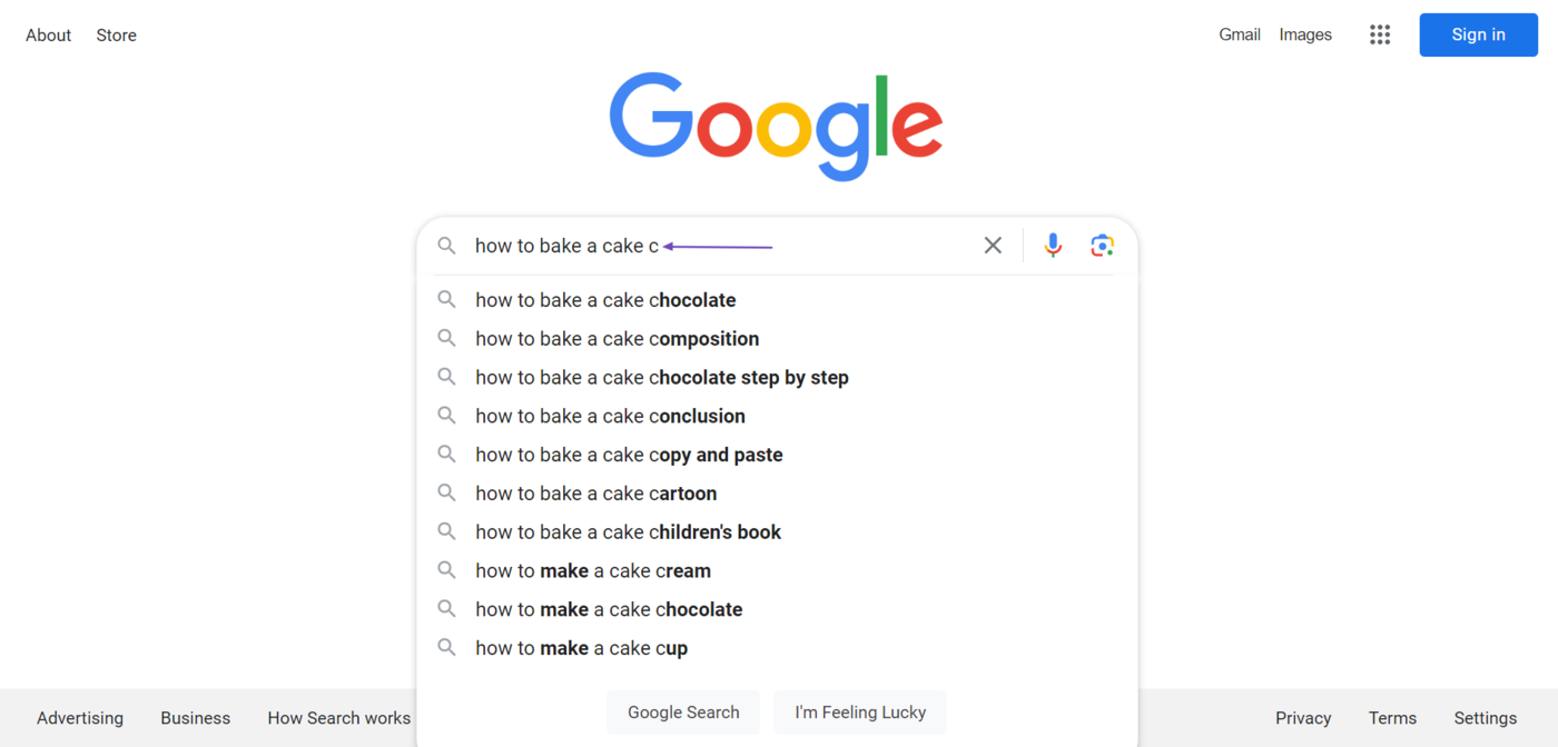 An example of some Google Autocomplete suggestions for a keyword with a C