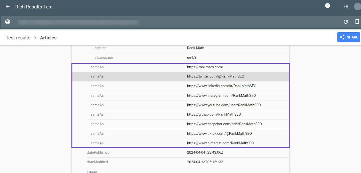 Article sameAs rich results for the author