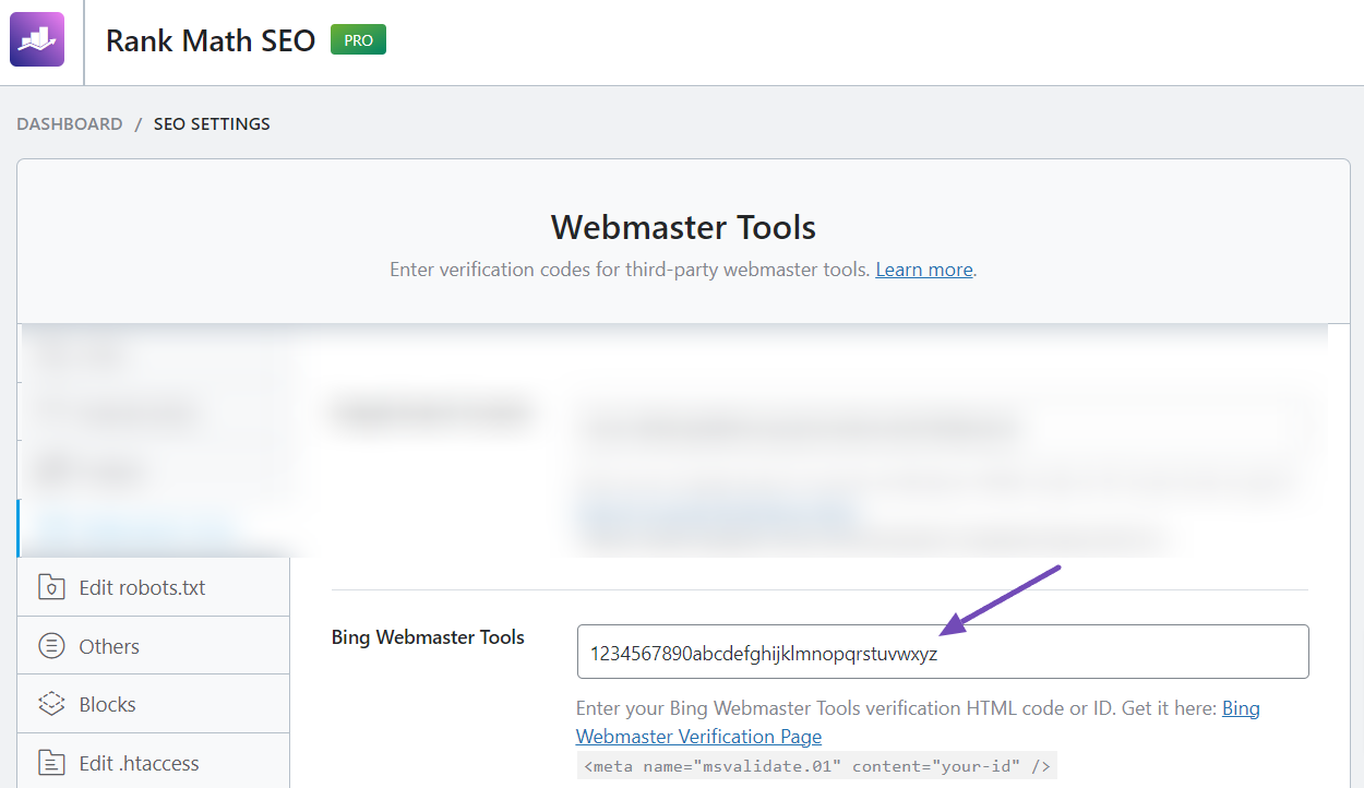 The Bing Webmaster Tools field in Rank Math