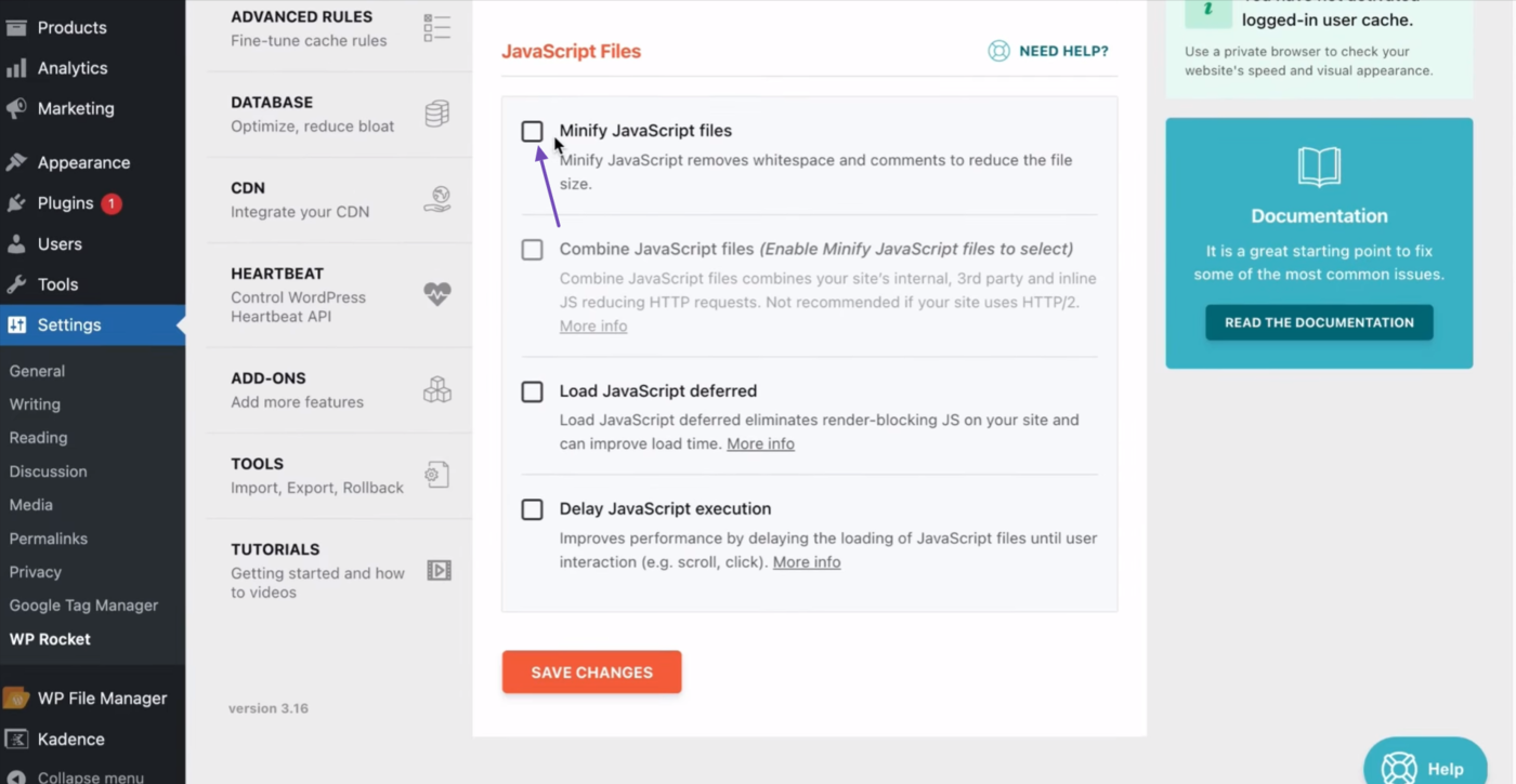 Enable the Minify JavaScript File option