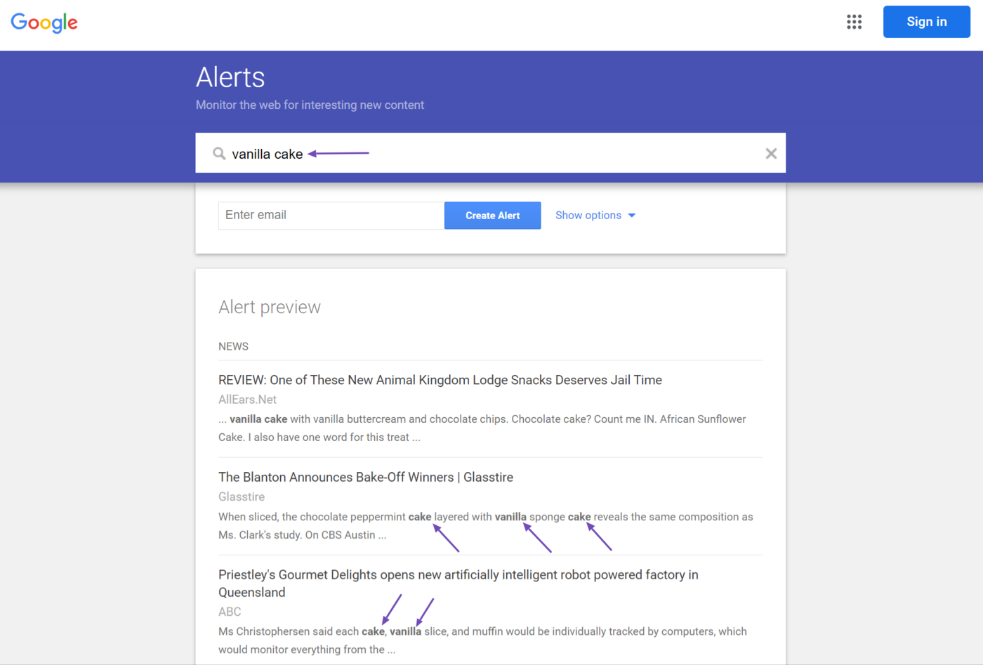 Example of a Google Alert keyword without quotes