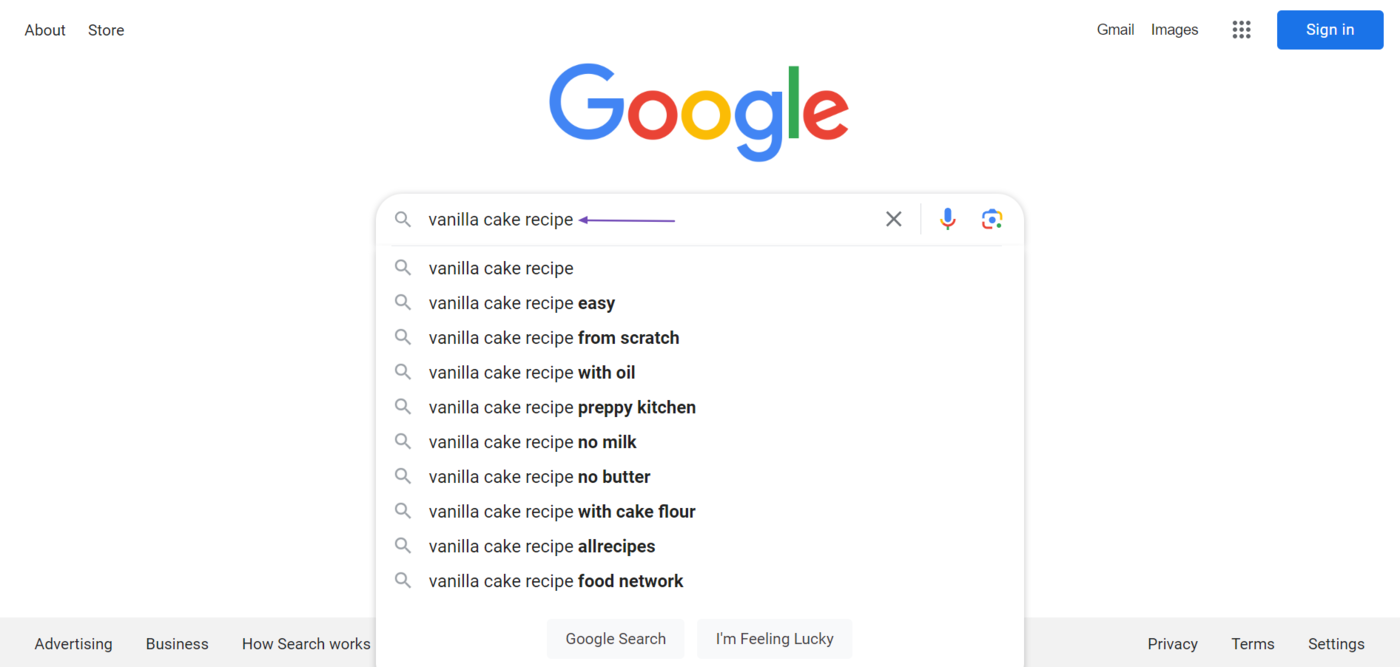 Example of a Google Autocomplete suggestion without an additional space