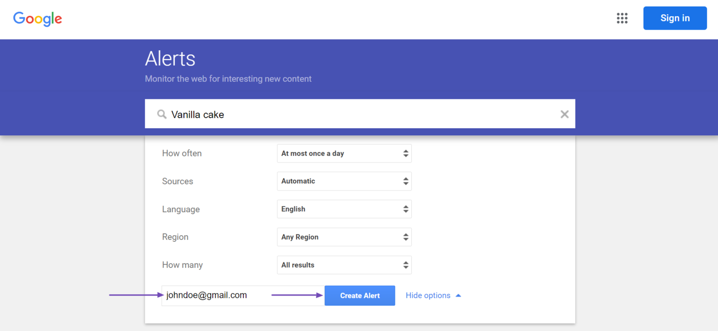 If you are not logged in, click Create Alert and log into your Google account