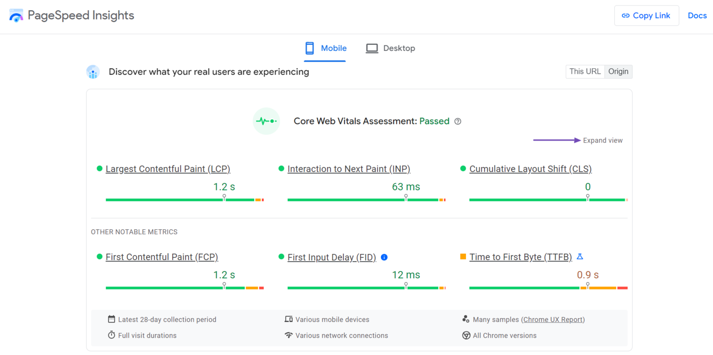 Image of the Expand View option for the Core Web Vitals and Notable Metrics