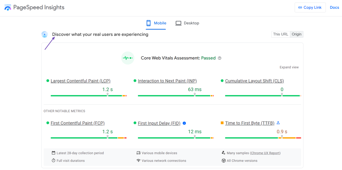 {Overview of the Discover what your real users are experiencing field in PageSpeed Insights