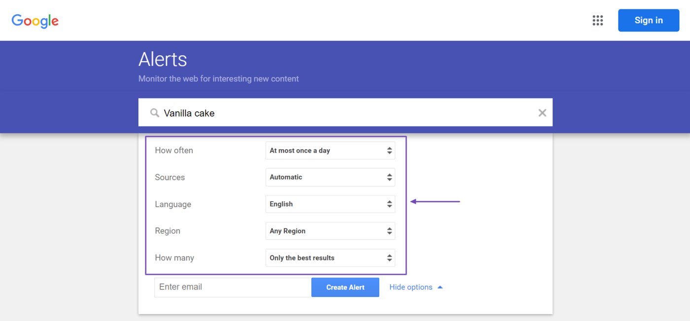 Overview of the Google Alerts options