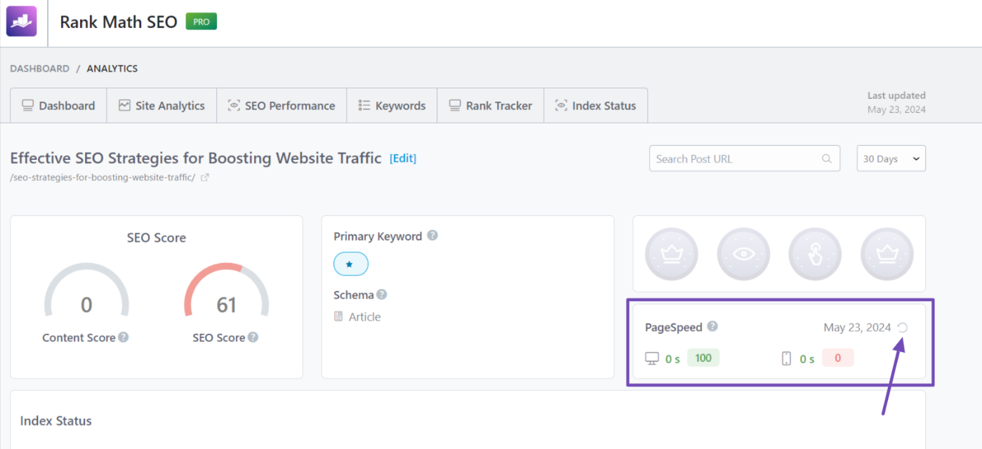 Check page speed score from the Post Analytics