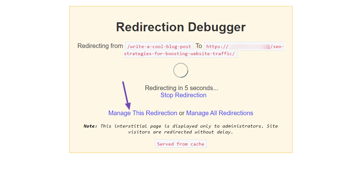 Rank Math Interstitial page to trace Redirects