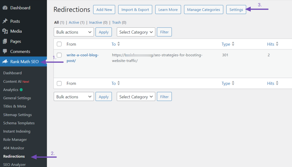 Rank Math Redirections page