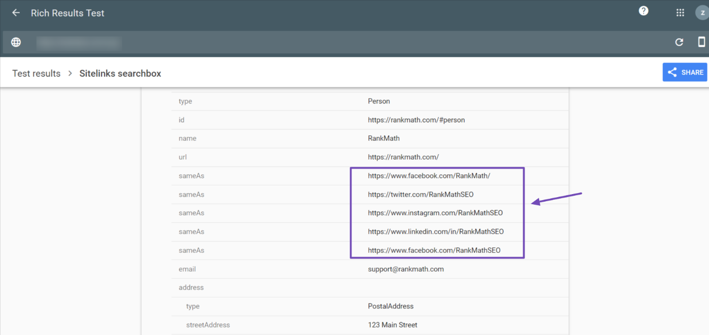 Rich Results structured data results for sameAs Schema