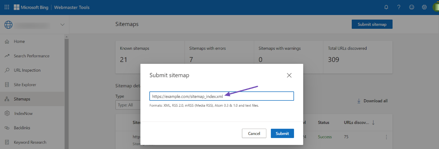 Adding sitemaps in Bing Webmaster tools