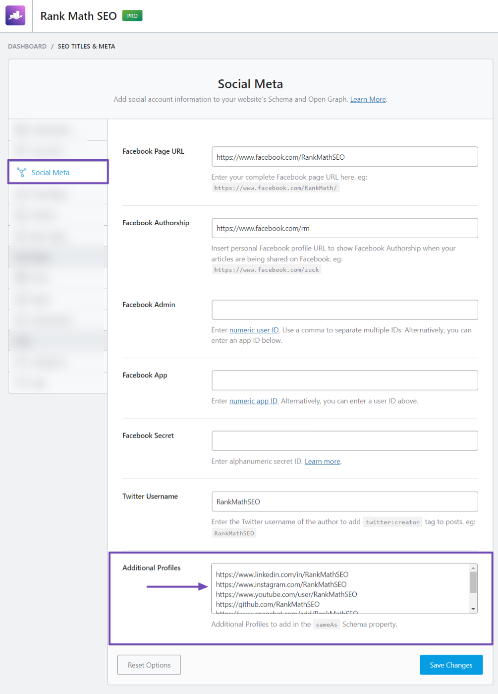 Add your sameAs Schema property in the Social meta settings