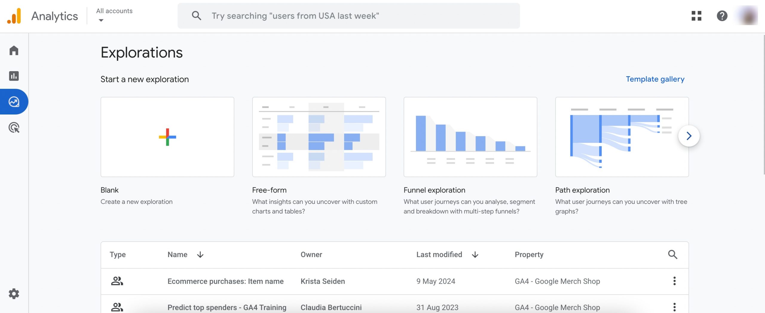 Explorations section in Google Analytics